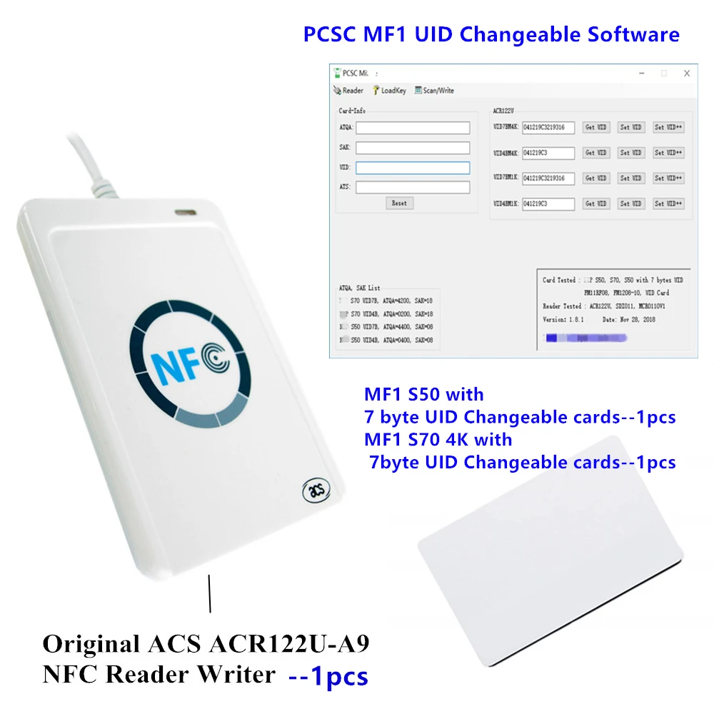 

ACS Original ACR122U-A9 NFC Reader Writer Programmable MFS50 1K 4 byte 7 byte UID Changeable rfid Card with Software