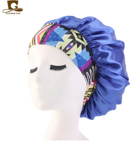 royal blue Новая Женская эластичная повязка на голову большого размера, атласная шелковая шляпа с красивым принтом, ночная шапка для сна, женская шапка для косметического салона - Цвет: royal blue