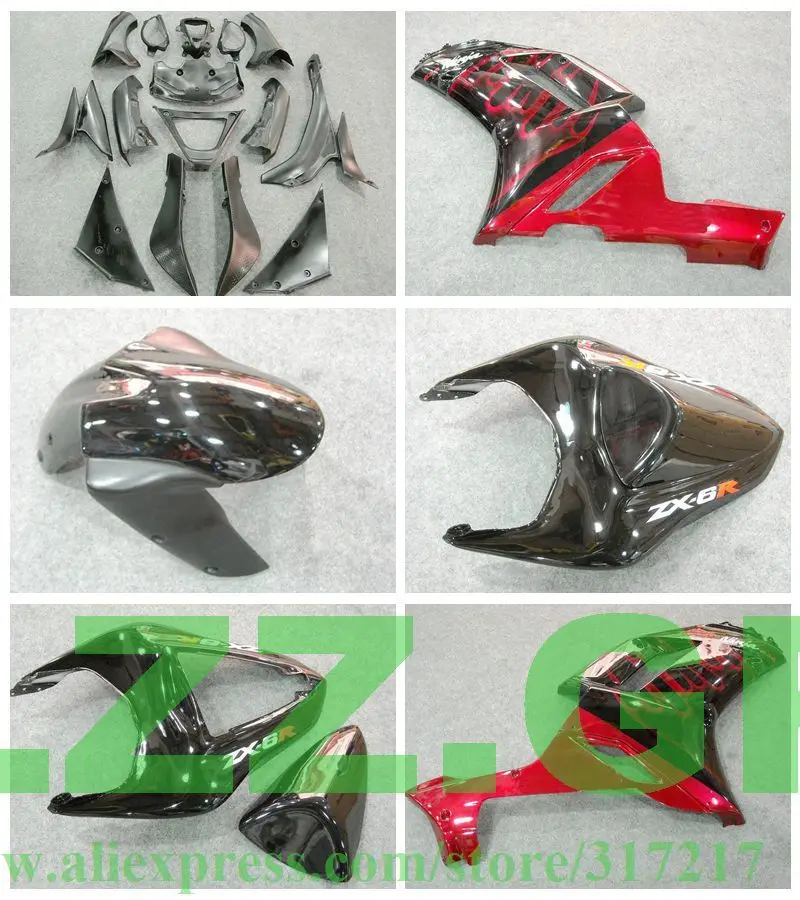 

LZZ.GP Red Flame Black Fairing Kit FOR KAWASAKI NINJA ZX 6R 636 07 08 ZX-6R 07-08 ZX6R 2007 2008 ZX 6R 07 08 Fairings X3ws