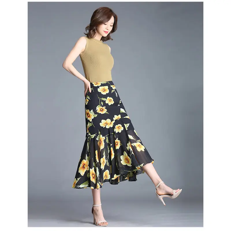 Длинная женская шифоновая юбка f911 летняя большого размера с высокой талией