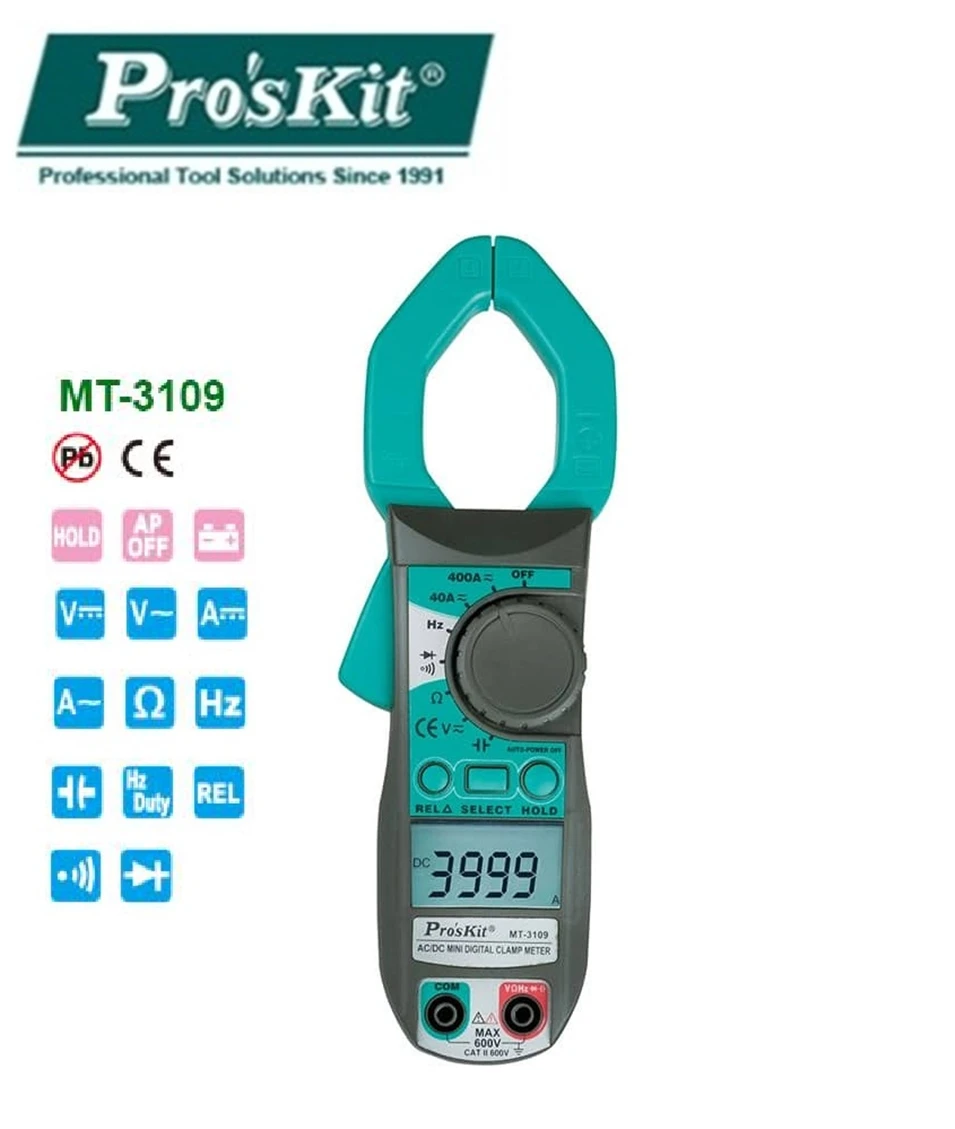 

Pro'skit MT-3109 3 3/4 Цифровой мультиметр клещи постоянного тока Напряжение тока тестер сопротивления емкости