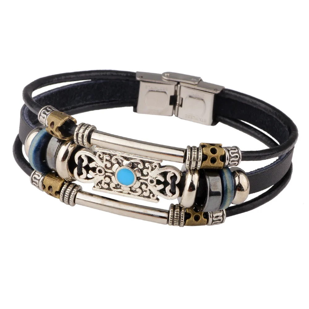 

Kirykle 2018 HOT Vintage Men Beads Leather Bracelets Multilayer Brown Color Punk Bangle For Women/Men Charm Jewelry Accessory
