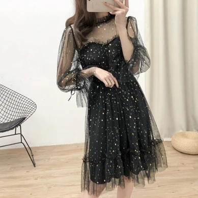 party dres Корейское платье, блестящее платье с пайетками, женское Сетчатое прозрачное гофрированное сексуальное вечернее платье, элегантное,, зимняя Корейская черная одежда, Халат - Цвет: party dres
