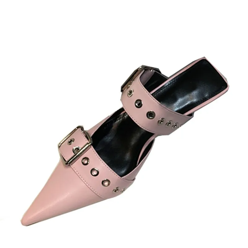 

VIISENANTIN Summer Pointed Stiletto Belt Buckle Slipper Shoe Metal Decoration Simple White Female Sandals Sexy Nightclub Shoe