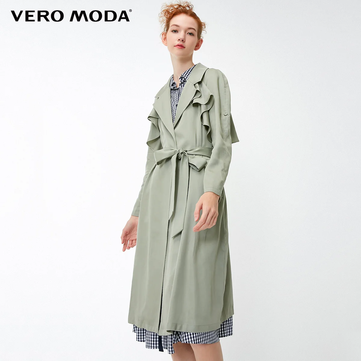 Vero Moda женский лацкан гофрированные планки регулируемые рукава длинный ветровка пальто | 318321521 - Цвет: Shadow