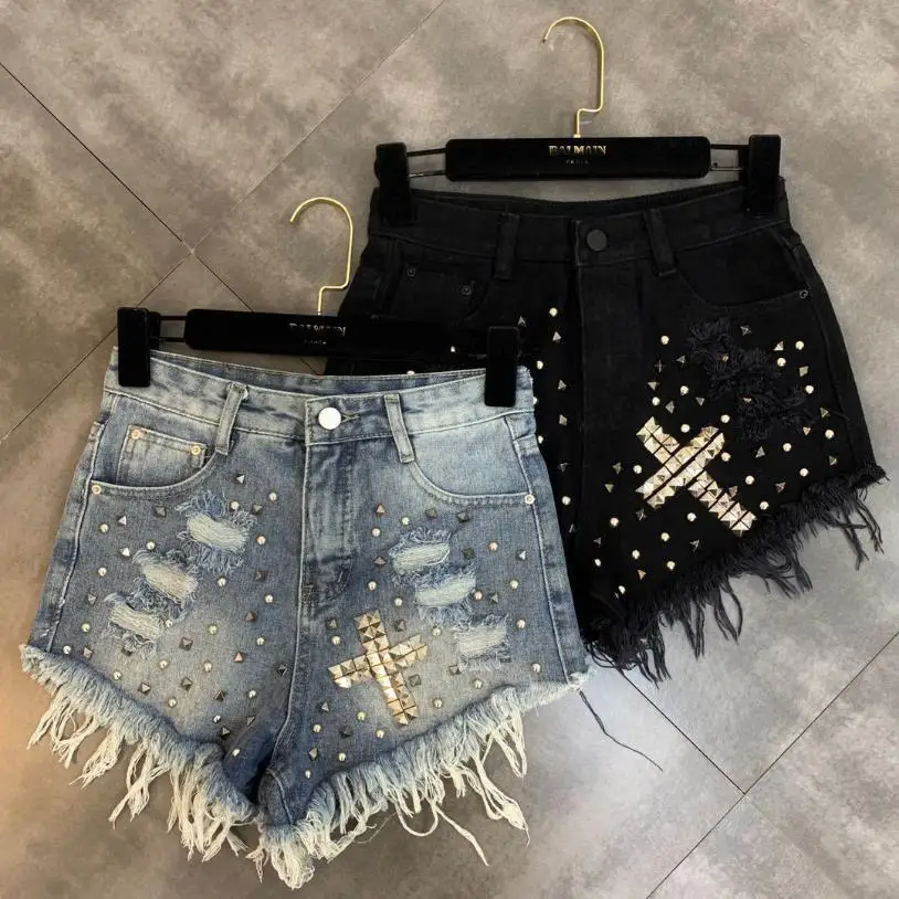 

Wholesale tassel stitching rivet beading wide leg denim shorts female high waist frazzle punk street style hot shorts wq1618