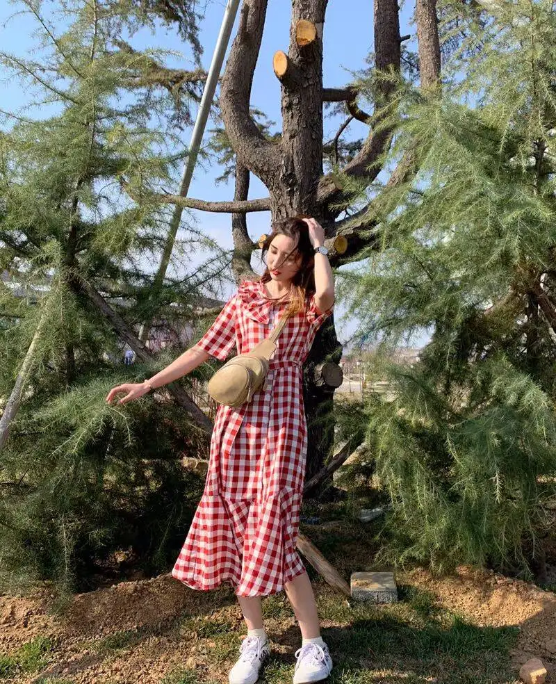 Винтажное красное клетчатое длинное платье iвыбор 2019 женское летнее сказочное