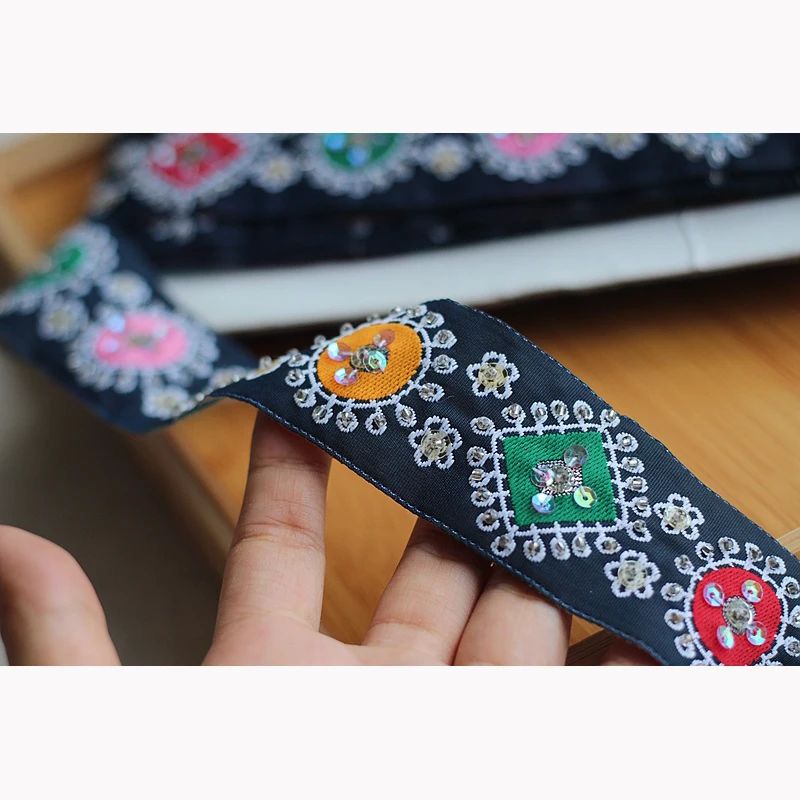 2 ярда кружева полиэстер темно синий Высокое качество ручной работы бисером