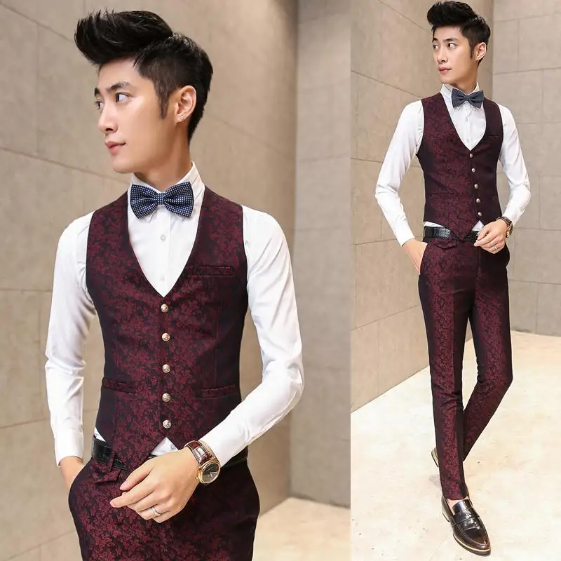 Burgundy Suits men Wedding Groom 20178 Men Flroal Suit Luxury Vintage Prom Party Printed R Jacket+vest+pant | Мужская одежда