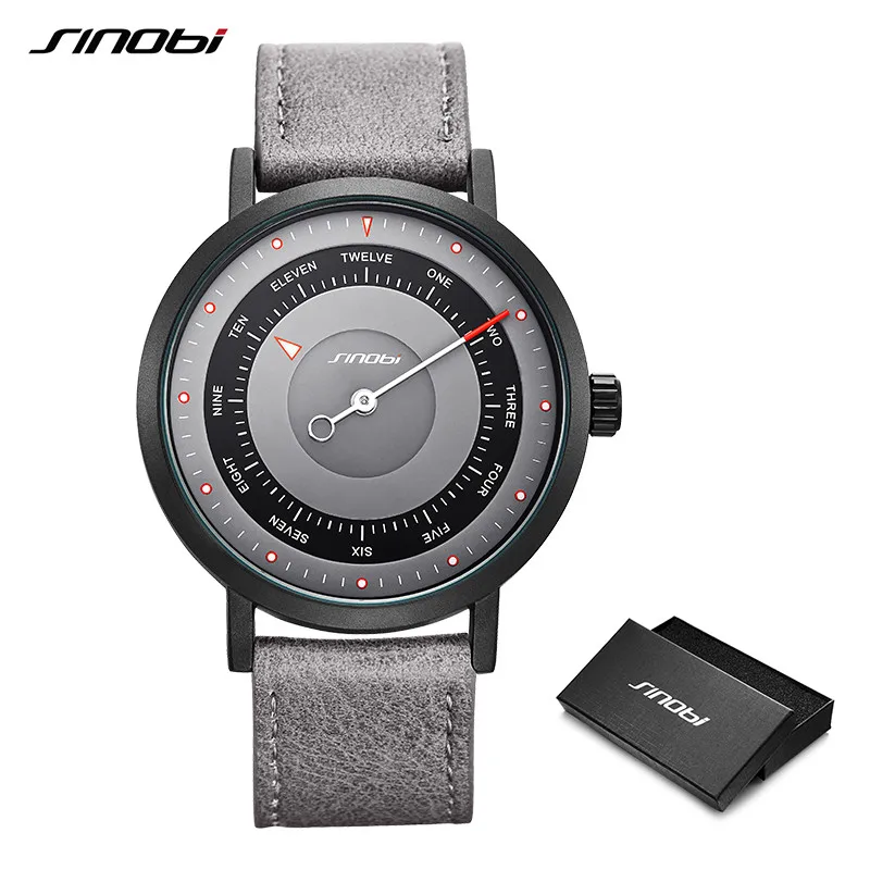 Sinobi Top Luxury Brand Men Leather Strap Sports Watches Men's Quartz Clock Man Waterproof Wrist Hiking Watch Relogio masculino - Цвет: Gray Leather box