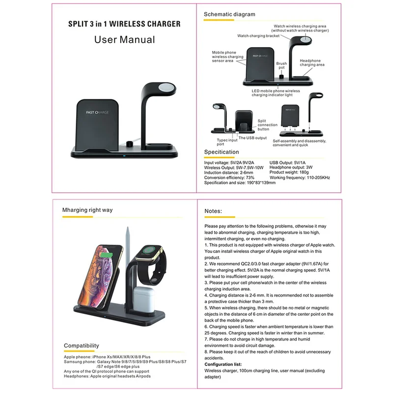 Беспроводное зарядное устройство 3 в 1 Qi для IPhone 8 X XS MAX XR Samsung быстрая зарядная
