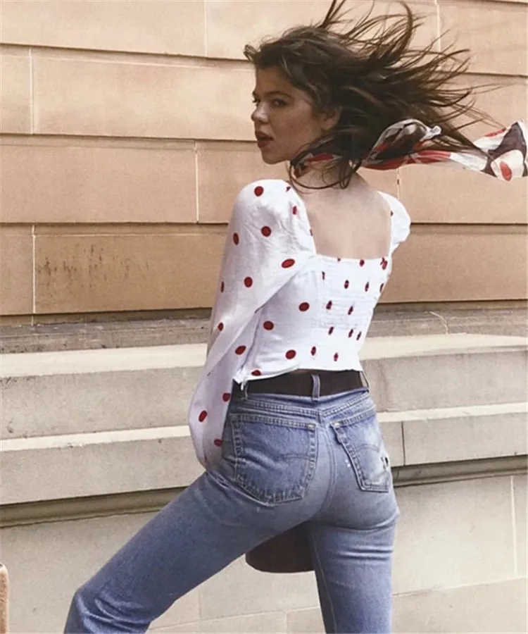 Bazaleas 2018 Spring Women Red Polka Dot Blouse Fashion Full Sleeve square Neck strength Tops blouses |