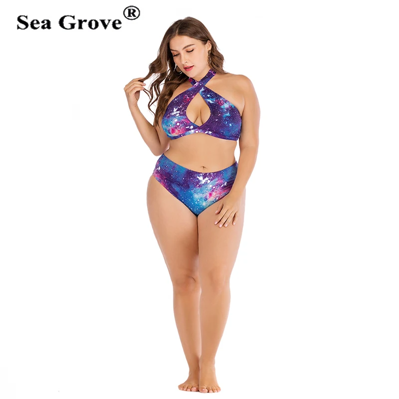 

Women Plus Size Swimsuit Galaxy High Waist Lace Up Bikini Criss-Cross Push Up Purple Printed Bikini Set Bathing Suit