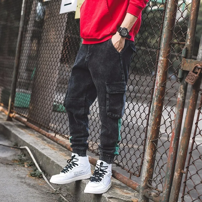2018 Japanese Men's Fashion Pocket Decoration Hit Color Bound Feet Casual Cargo Pants Loose Black/Green Trousers Size M-3XL | Мужская