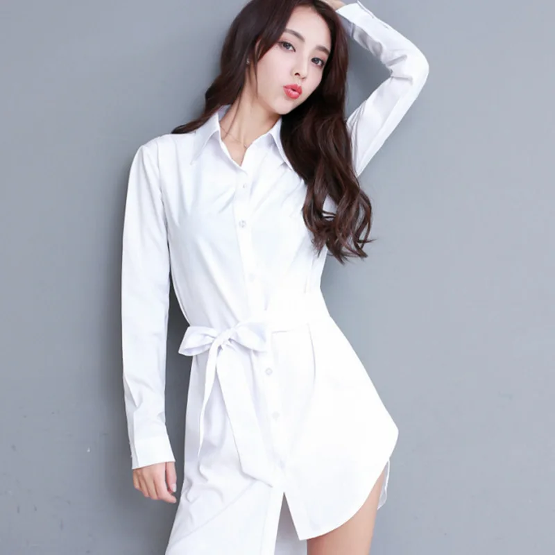 Корейский Элегантный BF нерегулярный бандаж офисная одежда белая рубашка женская