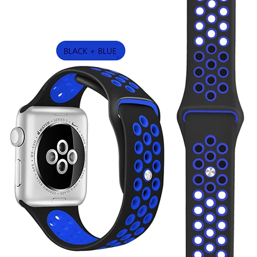 Black Blue Эластичный дышащий Силикон Спортивный ремешок для Apple Watch 5 4 3 2 1 42 мм 38 мм резиновые ремешки для Nike+ Iwatch 4 3 40 мм 44 мм - Цвет ремешка: Black Blue