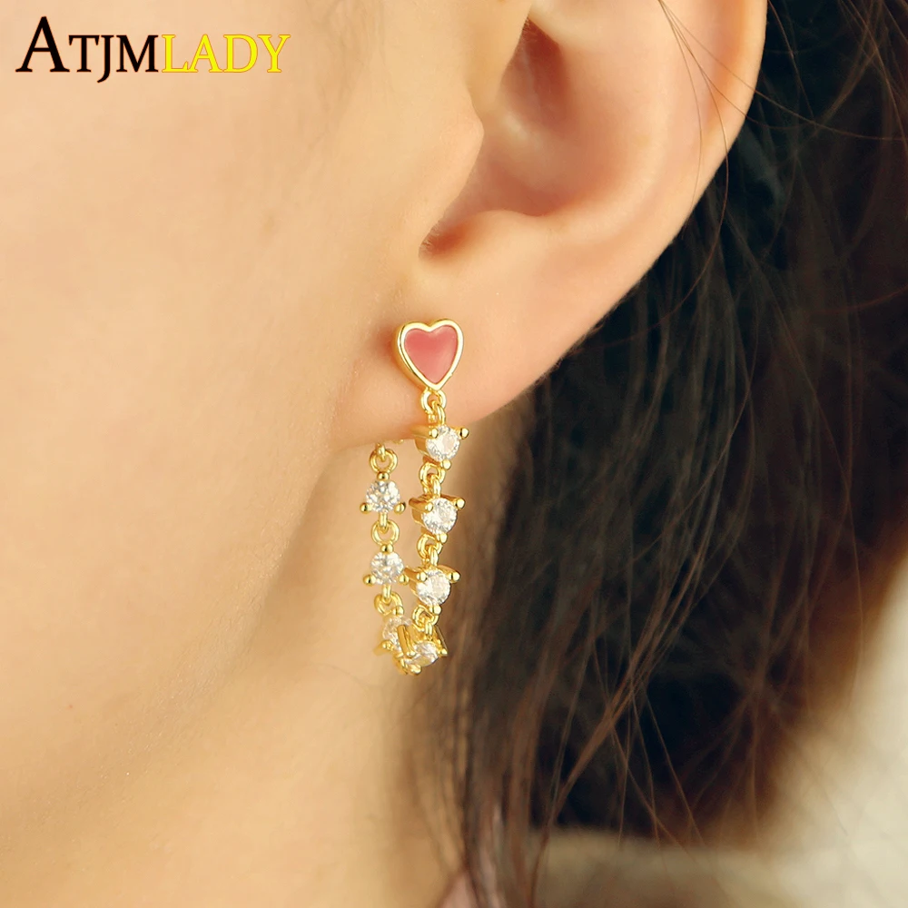 Женские серьги с длинной цепочкой кисточки золотым покрытием и красной эмалью в