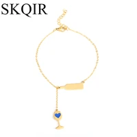unique design blue heart wine pendant bangle fashion jewelry gold color stainless steel beer glass charm bracelet for women gift