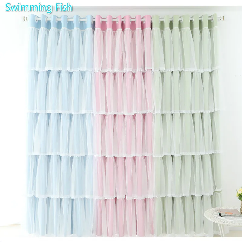 

Princess Style Solid Cloth Curtain With White Lace Double Layer Curtain High Shade Insulation Window Blind Bedroom Living room