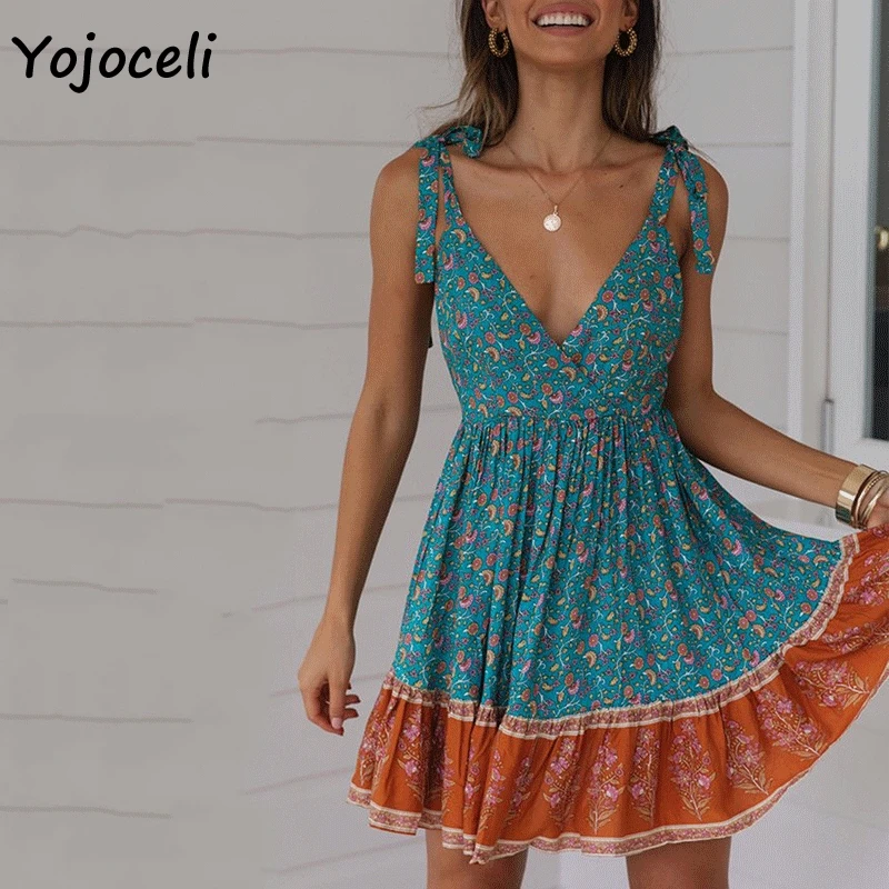 Yojoceli boho платье с пляжным цветочным принтом женское 2019 летнее v-образным вырезом и