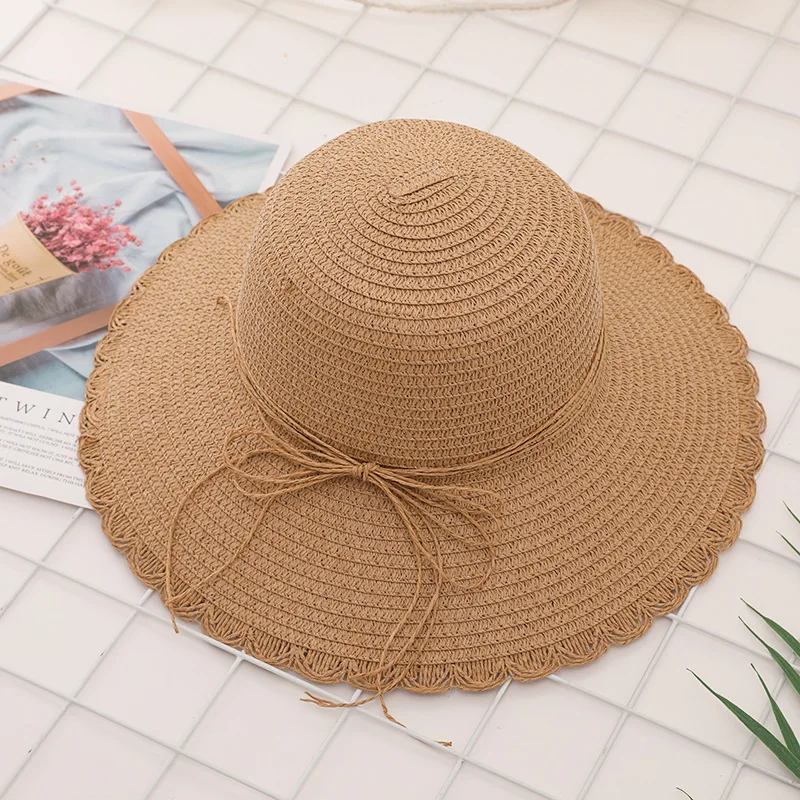 

2019 Summer Beach Hat Female Casual Lady Brand Women Flat Brim Bowknot Straw Cap Girls Sun Foldable Lace UV Protection Beach