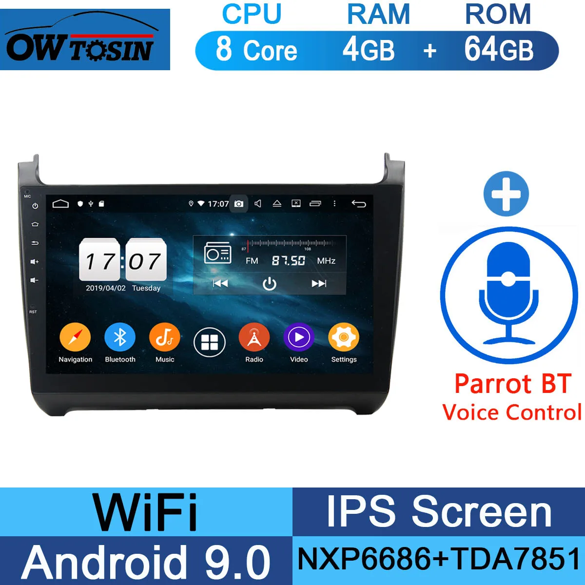 64G Parrot BT 10," ips 8Core Android 9,0 4G ram+ 64G rom автомобильный проигрыватель с радио и GPS для Volkswagen VW Polo 2012 2013 DSP CarPlay - Цвет: 64G Parrot BT