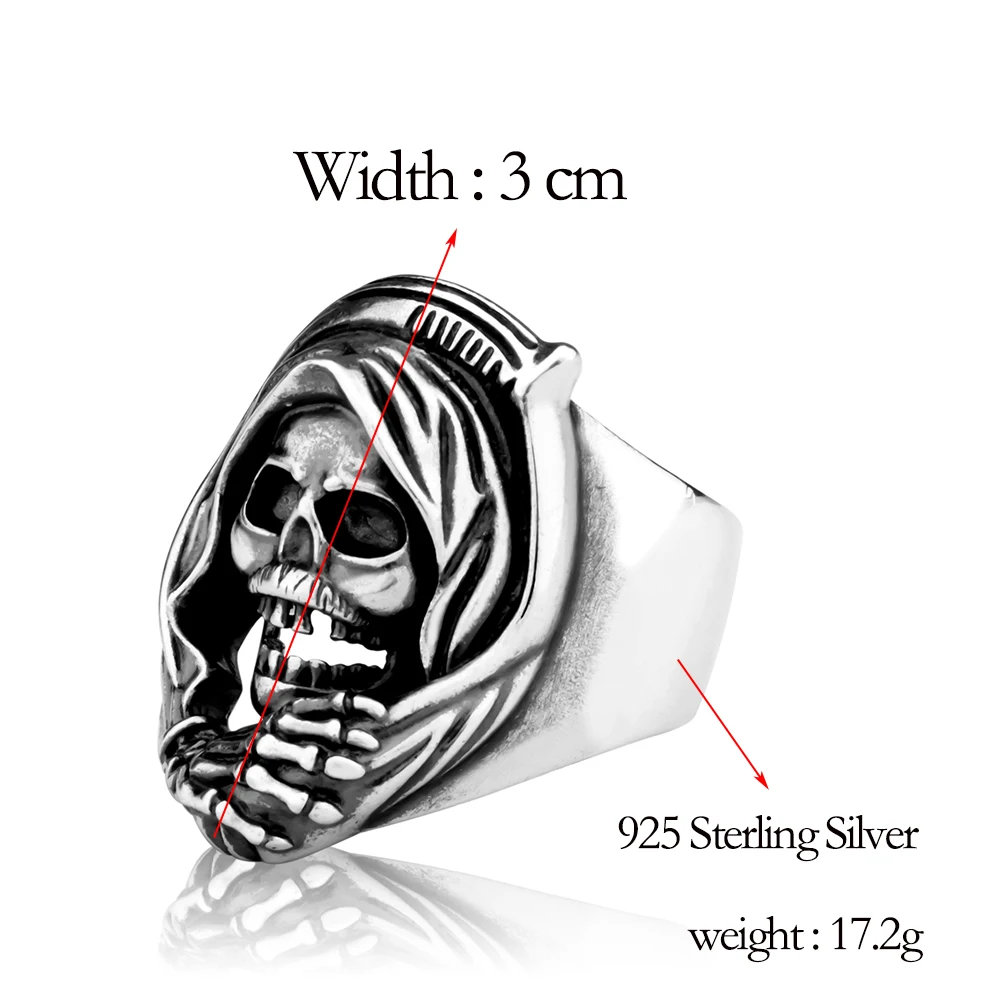 MetJakt 925 пробы Серебряное Открытое кольцо для мужчин в стиле панк Рок Grim Reaper Skull