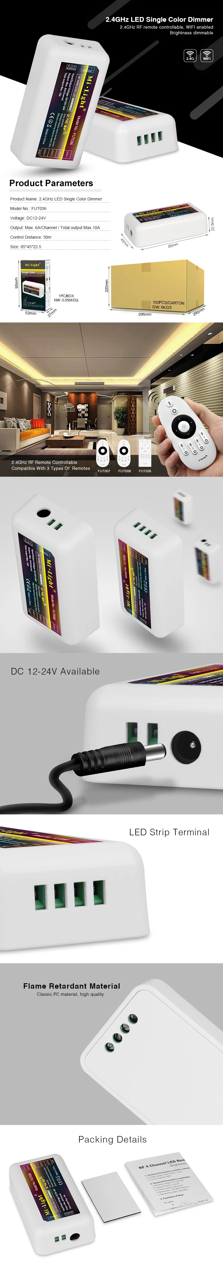 LED контроллер milight 2,4G один цвет CCT RGB RGBW/CCT диммер светодиодные полосы 12-24 V контроллер FUT035 FUT036 FUT037 FUT038 FUT039