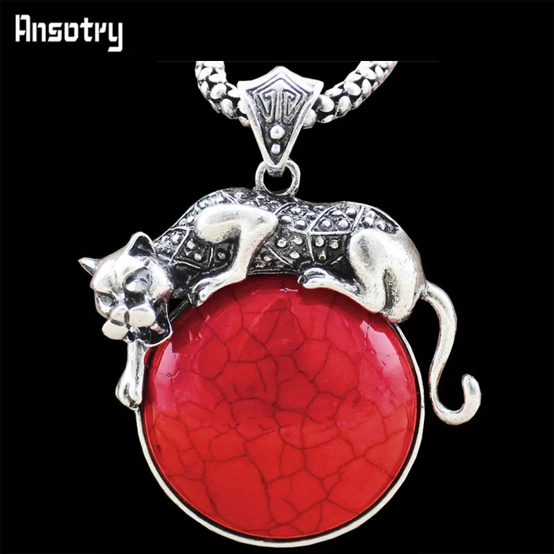 Классический Leopard кулон синий и красный цвета камень Цепочки ожерелья Винтаж