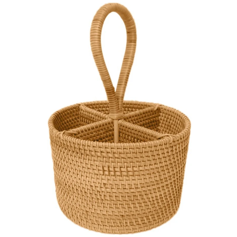Переносная круглая корзина из ротанга ручная плетеная с четырьмя отделениями
