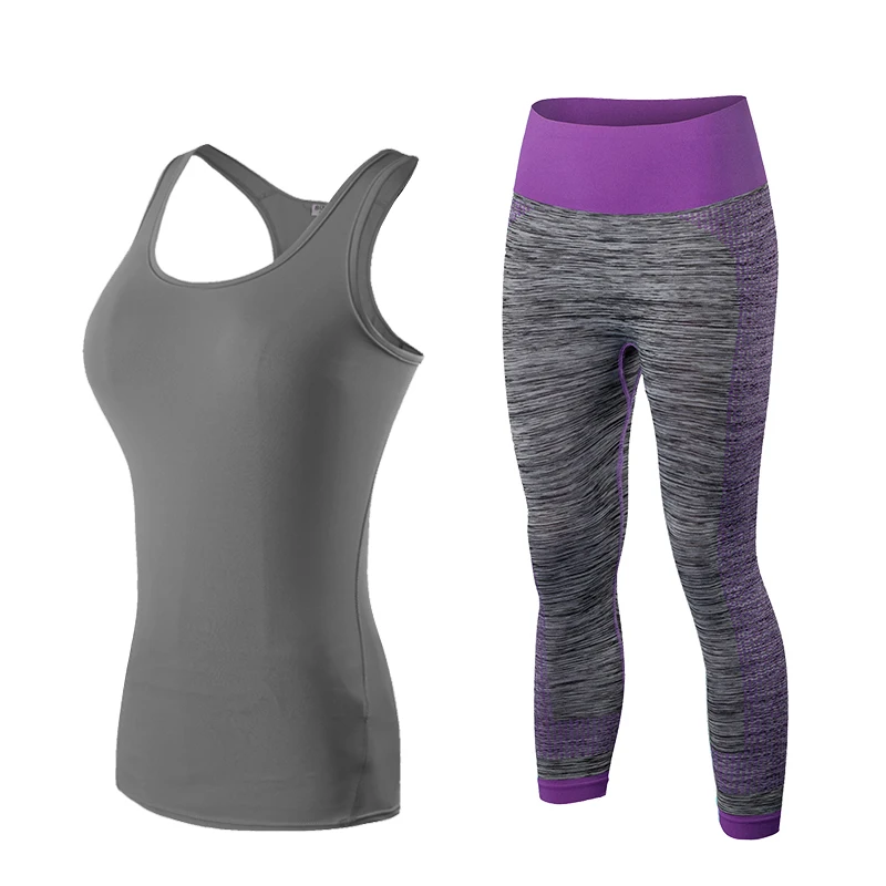 

High Quality 2020 2pcs Women Sportswear Workout Tracksuit Fitness Gym Tank Top & Capri Pants Gym Clothing Black Yoga Sets