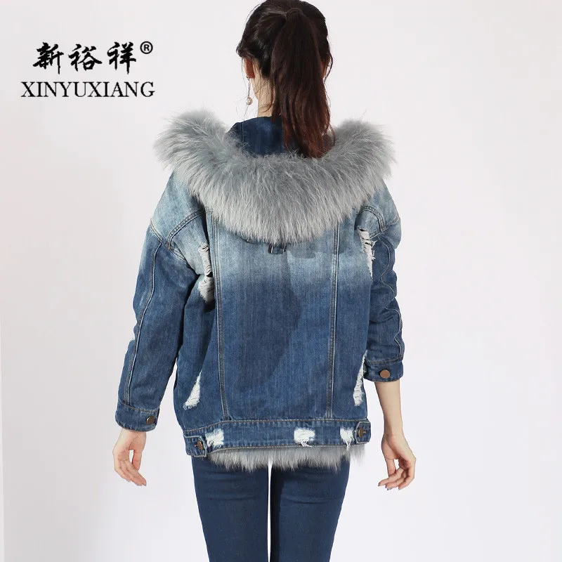 XINYUXIANG 2018 рваные джинсовые куртки для женщин 100% подкладка из натурального Лисьего