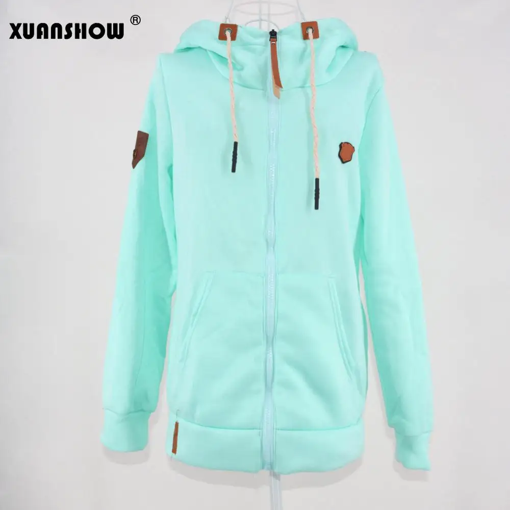 Mint XUANSHOW Женский мода руно толстовки свитшот женский Повседневная Спортивные костюмы твердый Длинный рукав Застегнуть Одежда Плюс размер S-5XL - Цвет: Mint