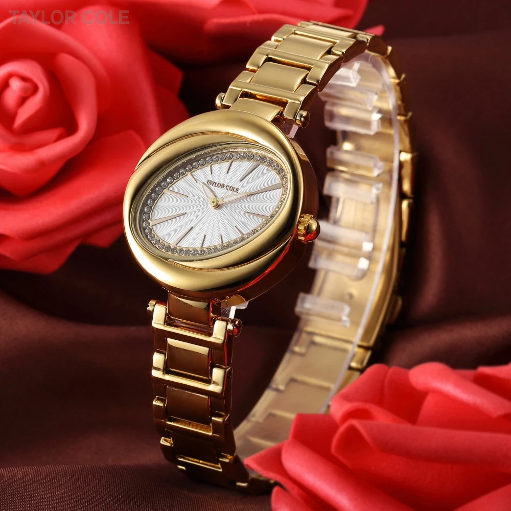 Taylor Cole Horloge Dames Золотой Кристалл лепесток Овальный чехол тонкий кварц Montre Movt