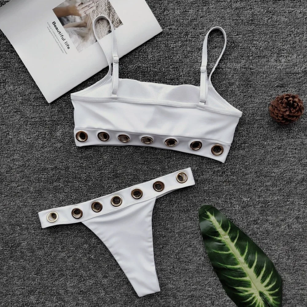 

Solid women Eyelet monokini high cut bikini set sexy Halter Push Up Bathing Suits Swimwear Triangle Beachwear 2019 Biquinis