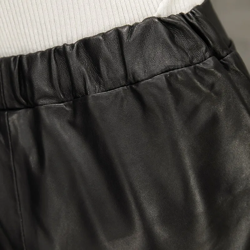 Women Sheepskin Short Pants 2022 Spring New Korean Loose Fit High Waist Knee Length Real Leather Trousers Ladies Casual | Женская одежда