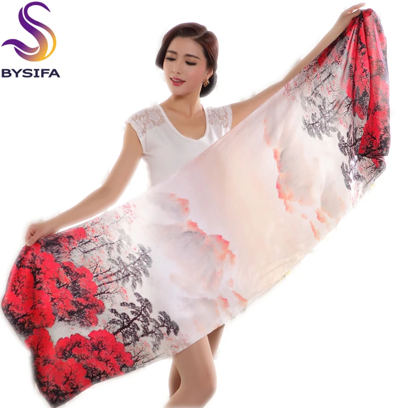 [BYSIFA] Весна Осень длинный шелковый шарф для женщин Элегантный бежевый красный