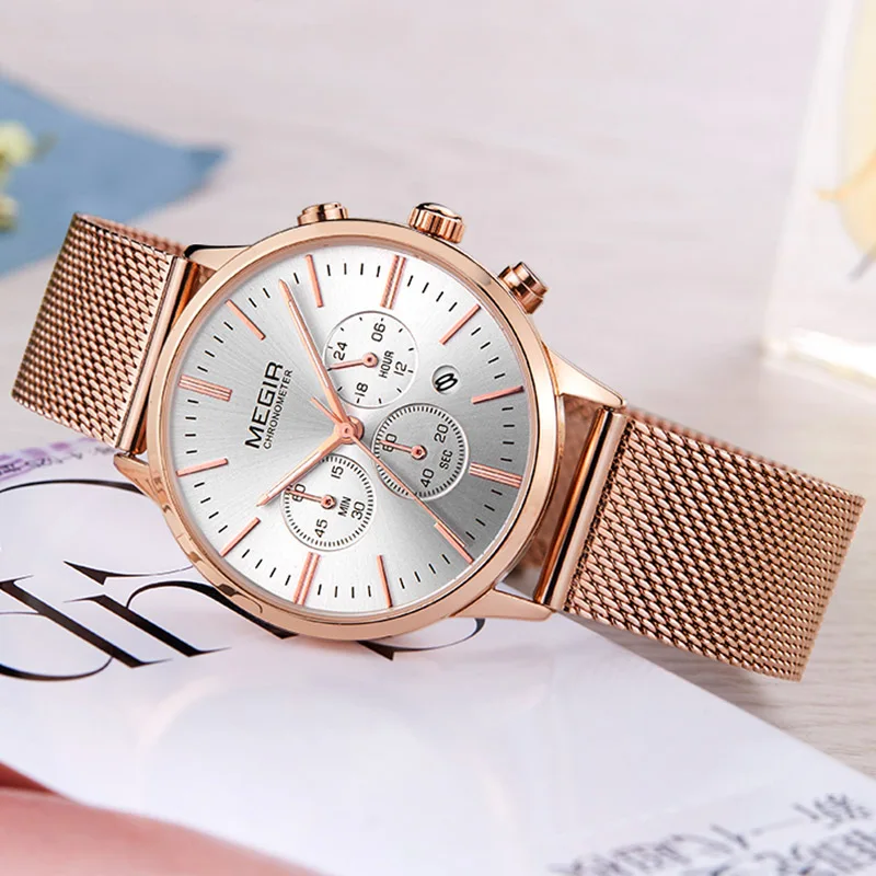 Megir часы спортивные женские модные из нержавеющей стали с хронографом белого