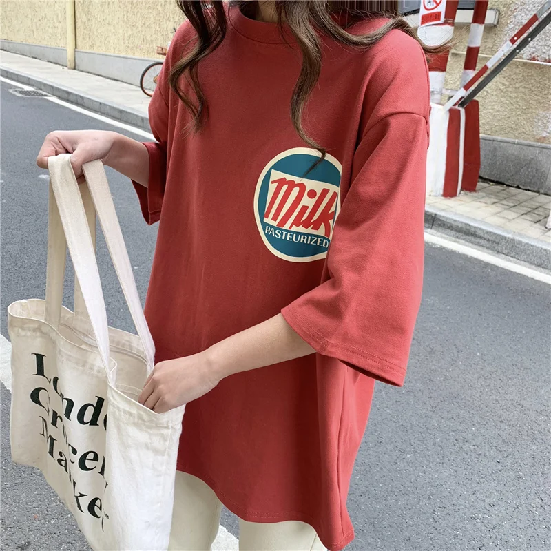 Женские футболки Харадзюку с принтом молока Kawaii BF Одежда Для Пар Унисекс свободная Длинная летняя футболка Топ Женская футболка корейский стиль тренд