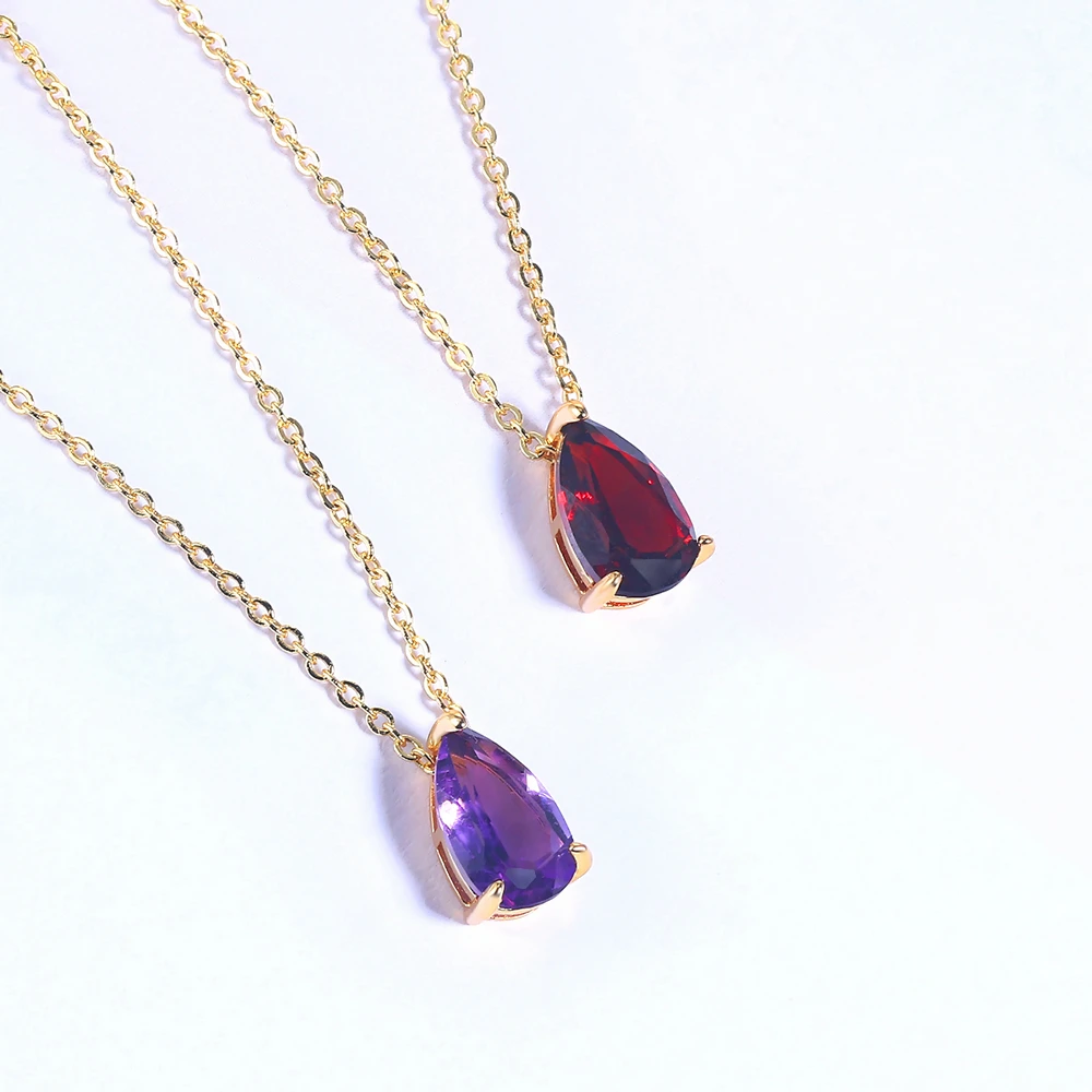 LAMOON 100% Natural Amethyst Pendant Necklace For Women Water Drop S925 Silver Yellow Gold Plated Fine Jewelry Gift LMNI072 | Украшения и