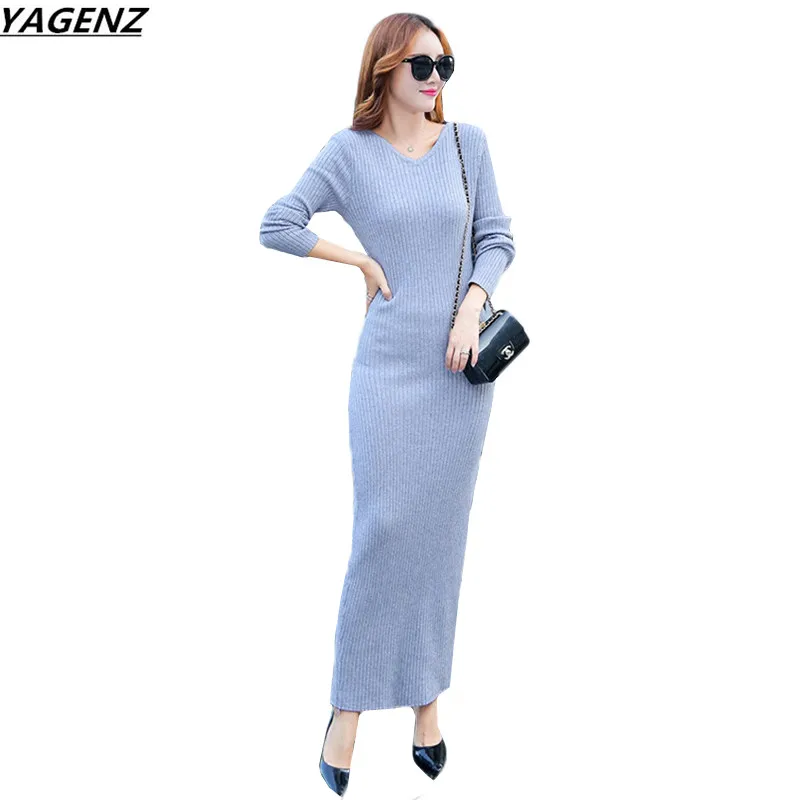 Женское трикотажное платье свитер с V образным вырезом и длинными рукавами|knitted