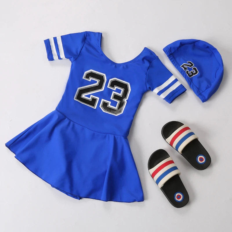 Синий Полосатый Одна деталь купальники для девочек Купальник с коротким рукавом