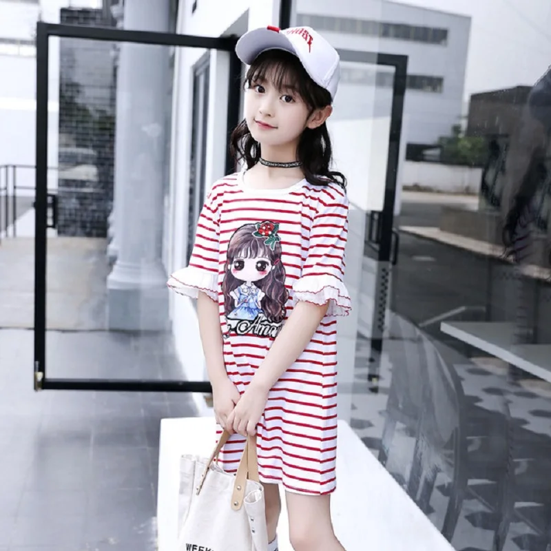 Kids Stripe Dress Girls Cartoon Cotton Tee Flare Sleeve Dresses 2018 Spring Autumn Children Clothes For 4 6 8 10 12 Years | Детская