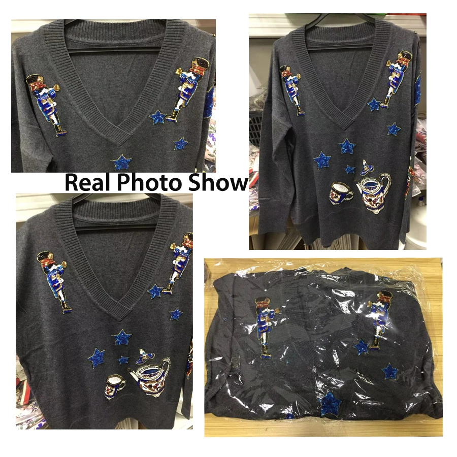 Oversized Winter Women Runway Sweater with Sequins Long Sleeve V-neck Teapot Star Sequined Wool Knit Black Gray Female Pullovers | Женская