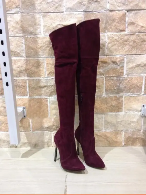 

Kaeve Hot Burgundy /Blue Genuine Leather Over-the-Knee Boots Stiletto Heels Platform Women's Shoes Pointed Toe Knight Boots