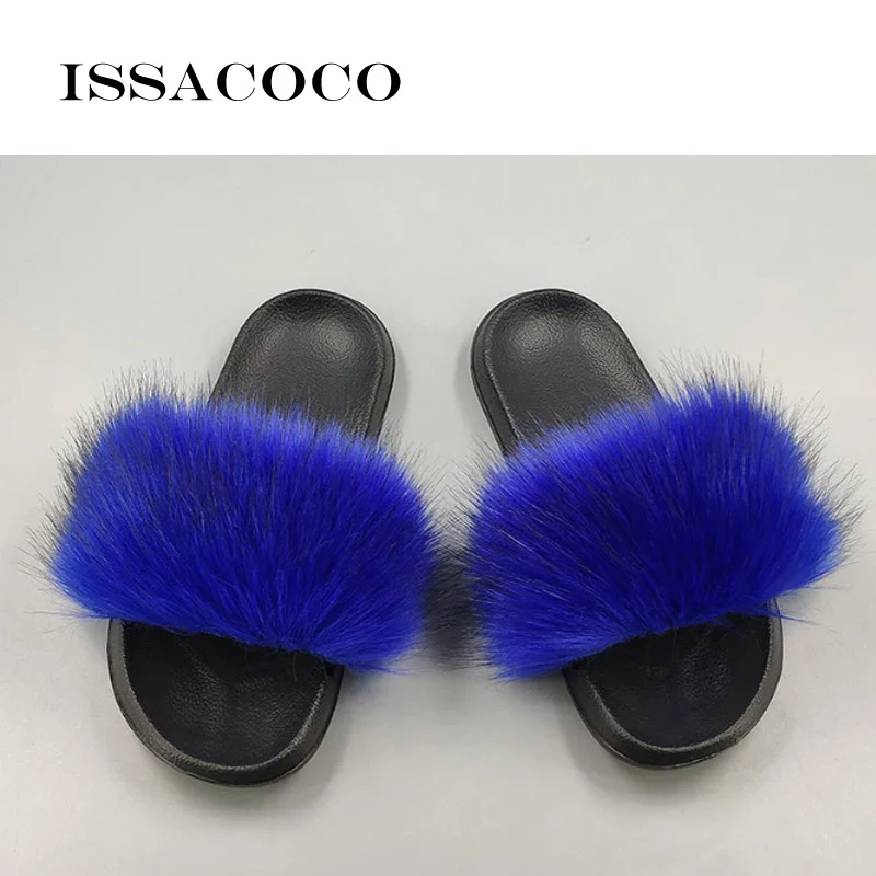 Blue ISSACOCO/женские шлепанцы из натурального Лисьего меха; женские нескользящие пушистые меховые тапочки; женские пушистые тапочки; милые плюшевые тапочки с лисьим мехом - Цвет: Blue