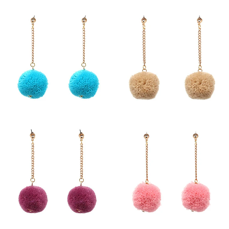 Новые Горячие Красочные меховые шарики длинные модные серьги для женщин с