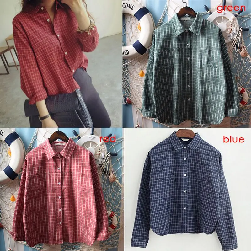 COCKCON Fashion women's Retro Temperament Check Printed Loose Lapel Shirt long-sleeved Casual Wild Top V3 |