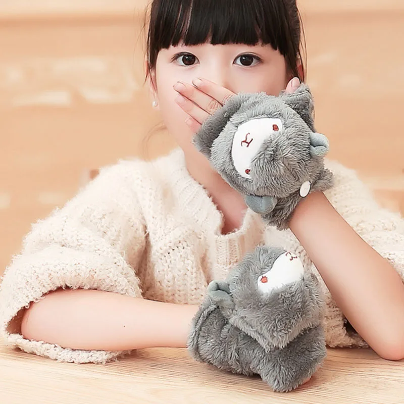 children Dark gray Детские, взрослые, женские, детские, для мальчиков и девочек, плюшевые перчатки, зимние, теплые, хлопковые, овечьи, милые, одноцветные, перчатки, открытые, на палец, раскладушка, st4-2 - Цвет: children Dark gray