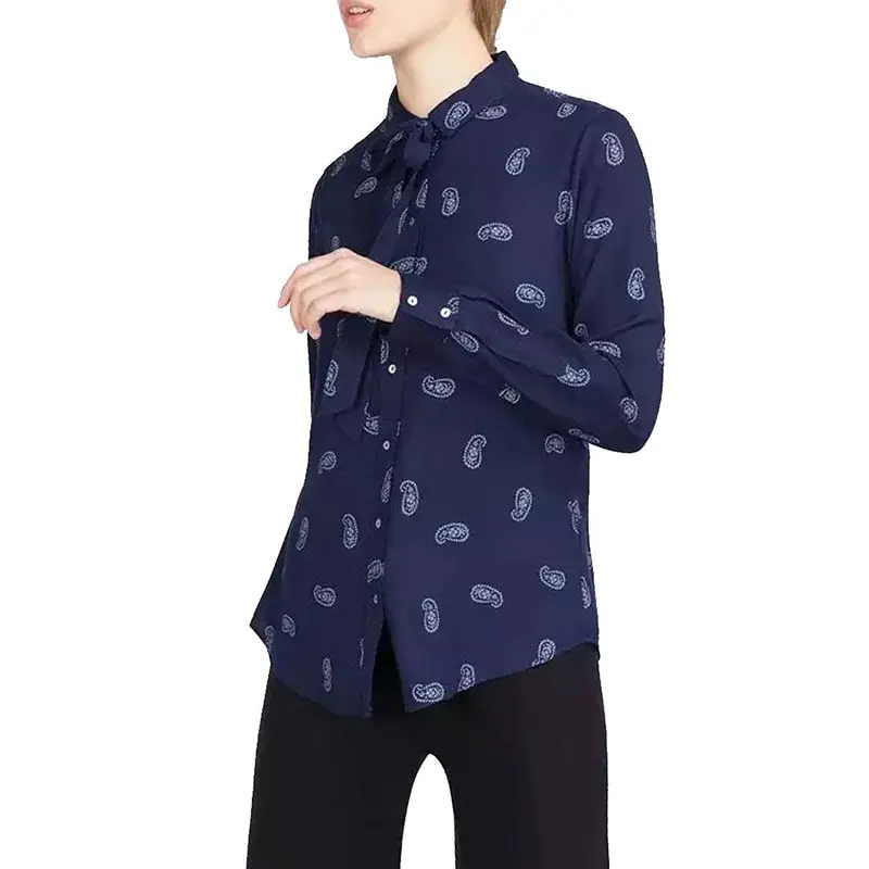 Women paisley print long sleeve blouses navy office vintage shirts turn-down collar bow tie blusa feminina casual tops .27 |